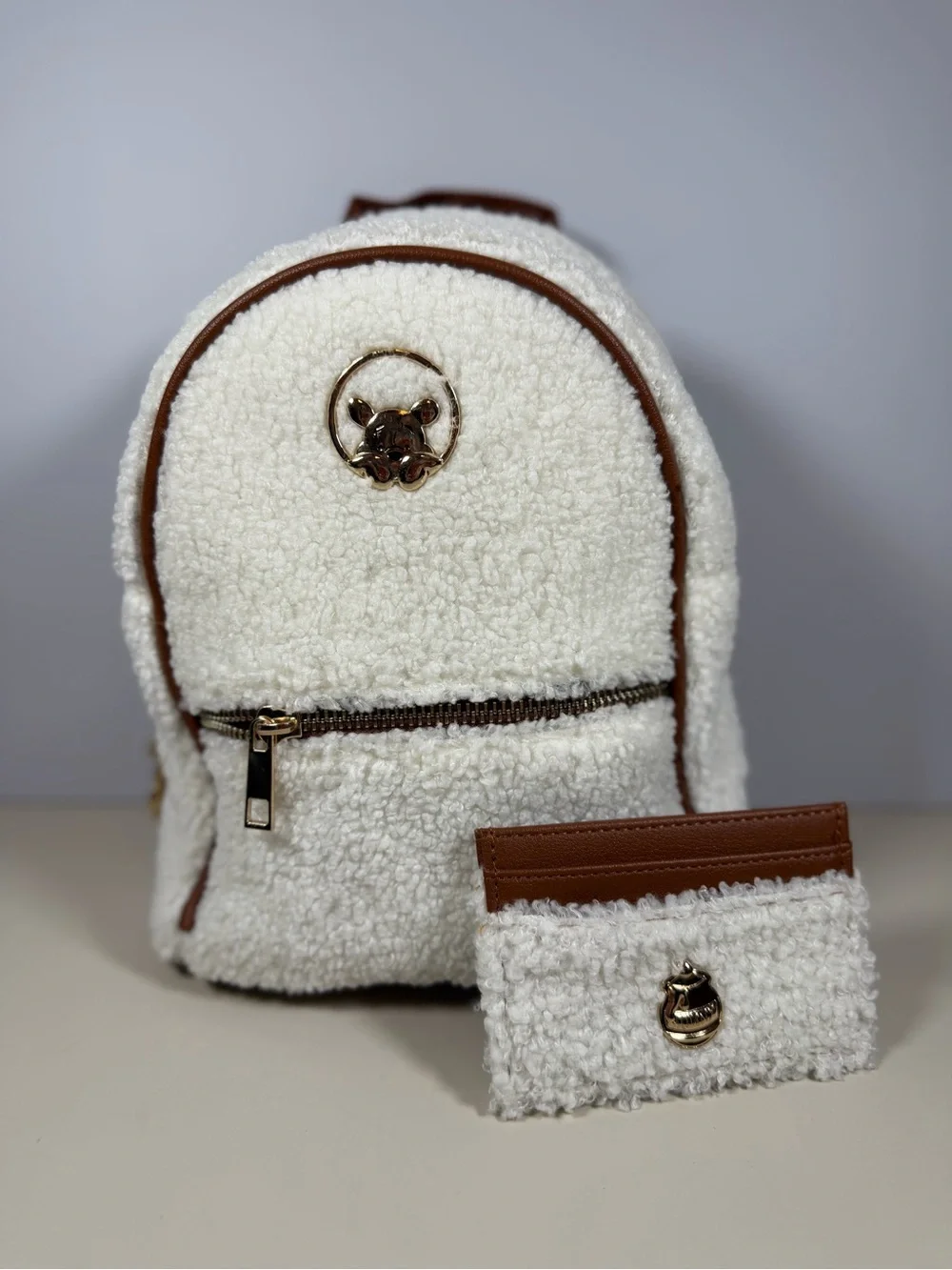Disney Cream Sherpa Backpack and Card Wallet with Brown Trim